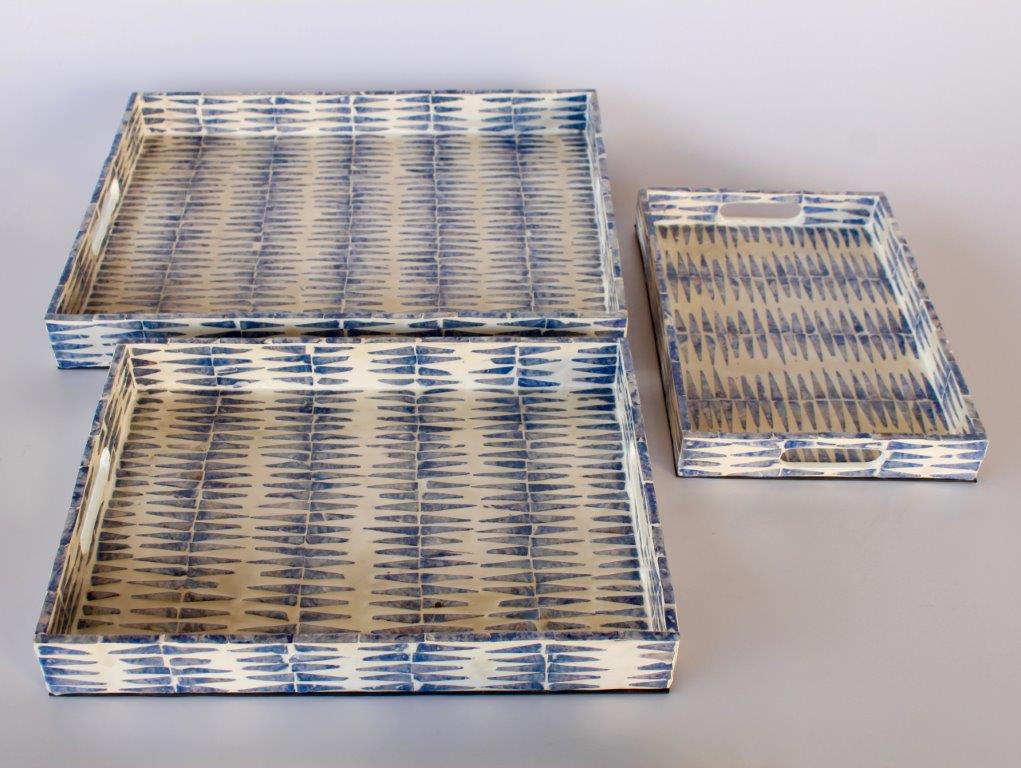 Set Of 3 Blue Rectangular Capiz Trays